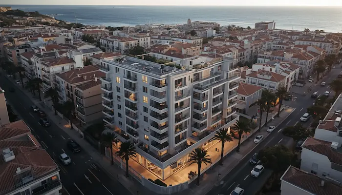 Vue aérienne d’une résidence étudiante moderne à Marseille dans un quartier urbain lumineux et méditerranéen.