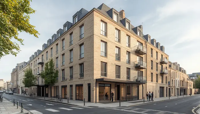 Vue extérieure d’une résidence étudiante moderne à Limoges, dans un quartier urbain calme et pratique pour les étudiants.