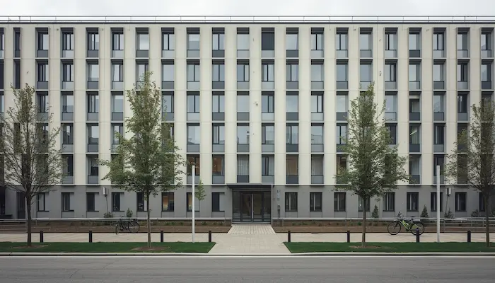 Vue extérieure d’une résidence universitaire moderne avec plusieurs bâtiments collectifs, entrée sécurisée et ambiance campus.
