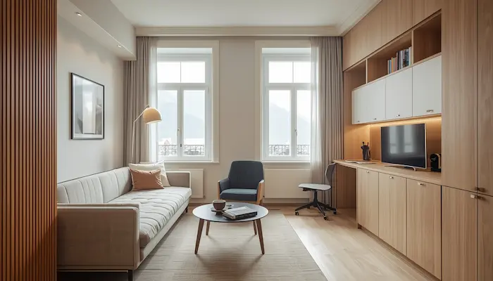 Intérieur d’un appartement étudiant moderne à Chambéry, lumineux, meublé, avec coin bureau, lit, cuisine compacte et vue sur les montagnes en arrière-plan.