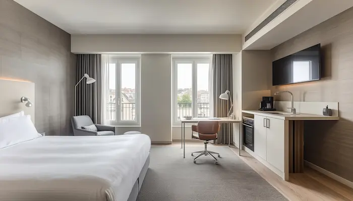 Studio étudiant moderne et haut de gamme dans une résidence étudiante à Bordeaux, avec lumière naturelle, mobilier fonctionnel et ambiance réaliste.