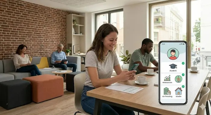 Sarah, une étudiante souriante, vérifie son éligibilité à l'APL 2026 via une application mobile dédiée, assise dans un espace commun moderne d'une résidence FJT réhabilitée à Paris. L'écran de son téléphone montre des icônes stylisées représentant ses ressources, son statut d'étudiant et son type de logement, validant ses critères personnels.