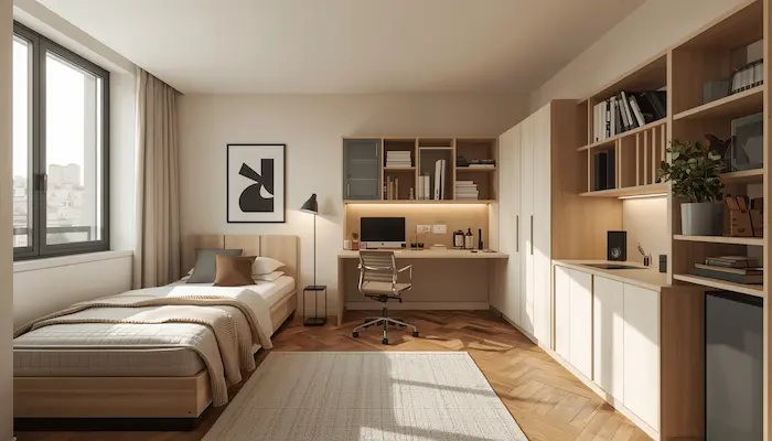 Chambre lumineuse et fonctionnelle dans une résidence universitaire moderne en France