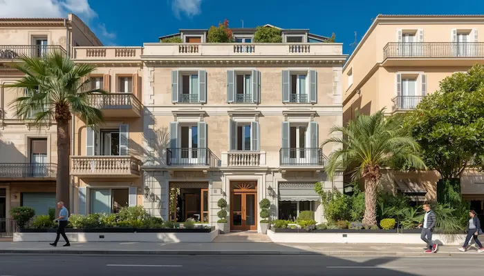 Façade d’une résidence étudiante moderne à Marseille avec ambiance urbaine méditerranéenne, ciel bleu, lumière du sud et références visuelles au centre-ville.