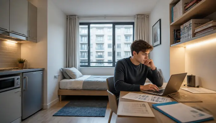 Jeune étudiant assis dans un studio meublé moderne, consultant son contrat d’assurance habitation sur son ordinateur portable, dans un logement étudiant lumineux et réaliste.
