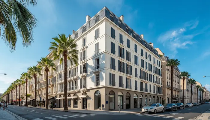 Façade extérieure d’une résidence étudiante moderne à Nice, dans un quartier ensoleillé proche du tramway, avec palmiers et ambiance Côte d’Azur.