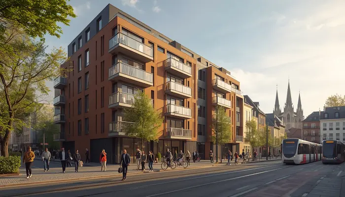 Vue extérieure d’une résidence étudiante moderne à Strasbourg, avec étudiants à vélo et tramway devant un bâtiment contemporain, sur fond de maisons alsaciennes et de la cathédrale.