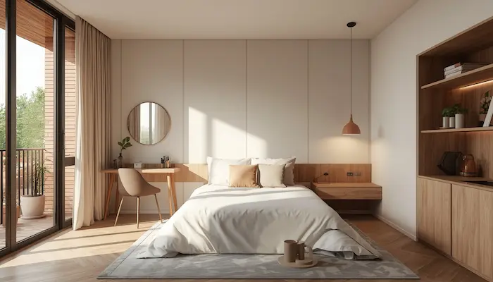 Intérieur d’un studio étudiant moderne et lumineux à Toulouse, avec mobilier design, bureau de travail, lit compact, lumière naturelle et ambiance haut de gamme réaliste.