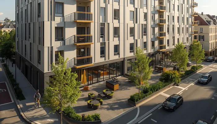 Vue extérieure d’une résidence étudiante moderne avec façade soignée, espaces privatifs et cadre plus premium.