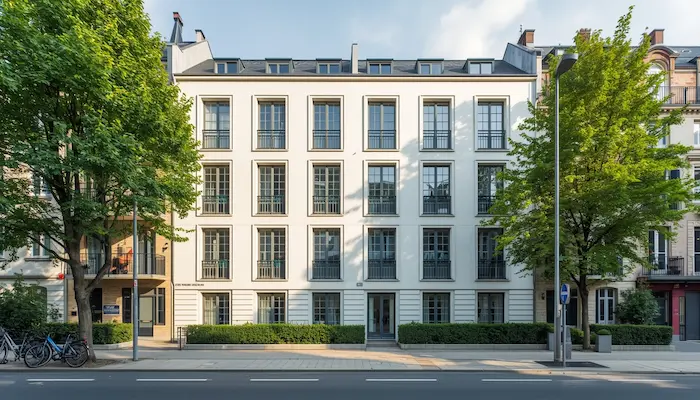 Extérieur d’une résidence étudiante moderne à Rennes avec vélos et espaces verts dans un quartier dynamique