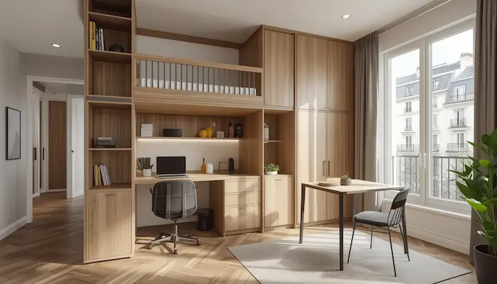 Intérieur d’un studio étudiant à Paris en 2026, avec mobilier optimisé, lumière naturelle, ambiance moderne et vue urbaine parisienne