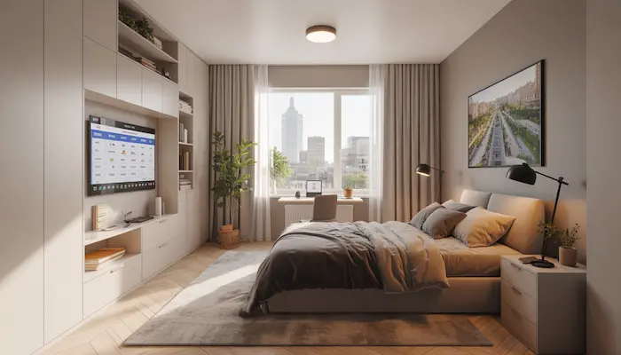 Intérieur d’un studio en résidence étudiante moderne dans [ville], illustrant la rentabilité locative en 2026