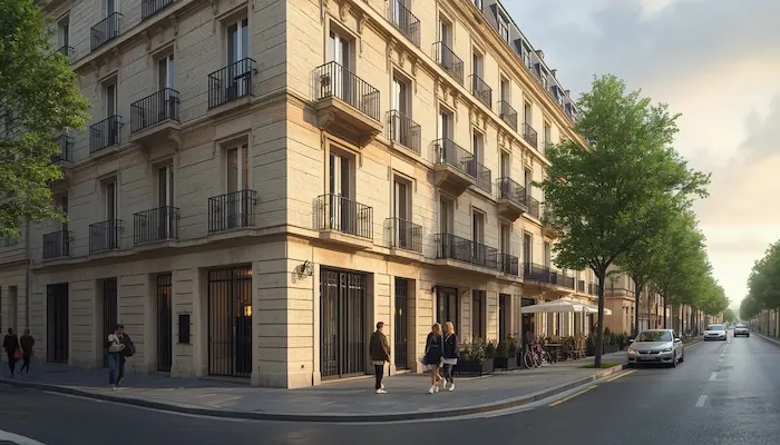 Immeuble haussmannien rénové accueillant une résidence de coliving dans une rue animée d’une grande ville française.
