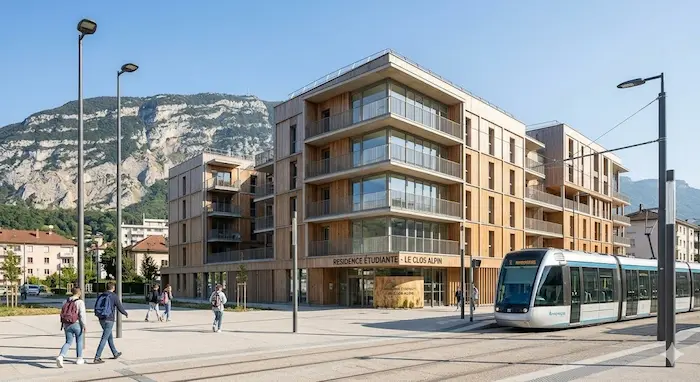 Une photographie extérieure lumineuse de jour capturant la façade d'une résidence étudiante moderne à Annemasse, en 2026. Le bâtiment contemporain, 'Le Clos Alpin', présente un mélange de bois et de grandes vitres, intégré à la rue avec une ligne de tramway et des arbres. À l'arrière-plan, au-delà de la ville, une vue spectaculaire et dégagée du massif du Salève s'élève de manière spectaculaire sous un ciel bleu clair.