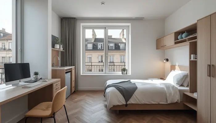 Intérieur d’un studio étudiant lumineux à Bordeaux avec bureau, coin nuit, kitchenette et vue discrète sur l’architecture bordelaise.