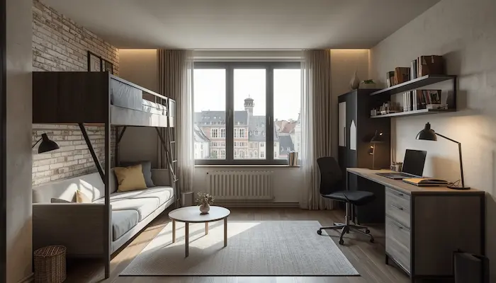 Intérieur d’un studio étudiant moderne à Roubaix avec mur en briques apparentes, bureau, lit et lumière naturelle.