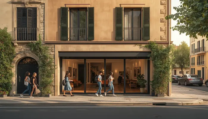 Façade d’une résidence étudiante à Aix-en-Provence avec architecture provençale moderne, lumière du Sud, étudiants devant le bâtiment et ambiance urbaine élégante.