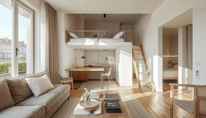 Studio moderne et lumineux dans une résidence étudiante à Toulon, avec bureau, kitchenette et rangements intégrés.