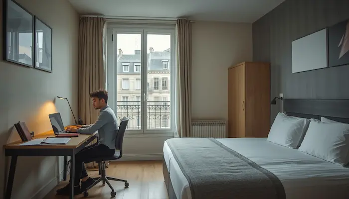 Jeune étudiant étranger dans un logement étudiant moderne à [Ville], avec ordinateur, documents de location et ambiance réaliste et rassurante.