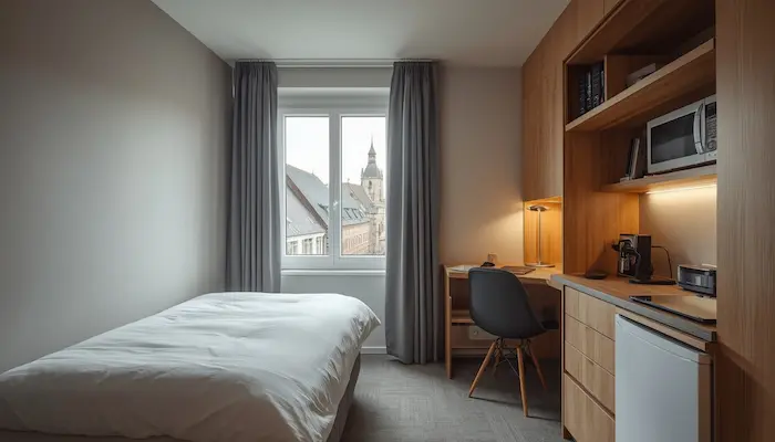 Intérieur d’un studio étudiant moderne et lumineux à Poitiers, avec bureau, lit, kitchenette et vue discrète sur les toits de la ville.