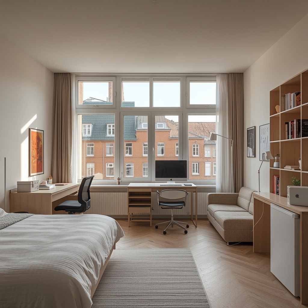 Intérieur d’un studio étudiant meublé à Roubaix, avec mobilier moderne, grandes fenêtres et vue sur les bâtiments en briques rouges typiques de la ville.