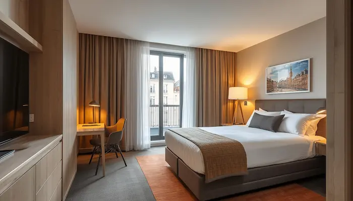 Studio étudiant moderne et lumineux à Poitiers, intérieur premium avec bureau, kitchenette et ambiance réaliste pour le guide logement étudiant 2026.