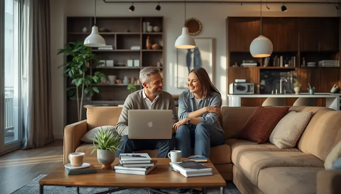 Salon lumineux d’une colocation intergénérationnelle à [Ville], avec un étudiant et un senior partageant un espace de vie moderne, chaleureux et convivial