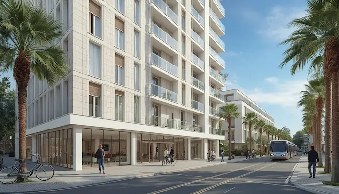 Extérieur d’une résidence étudiante moderne à Montpellier, avec tramway, palmiers et ambiance de ville étudiante du Sud.