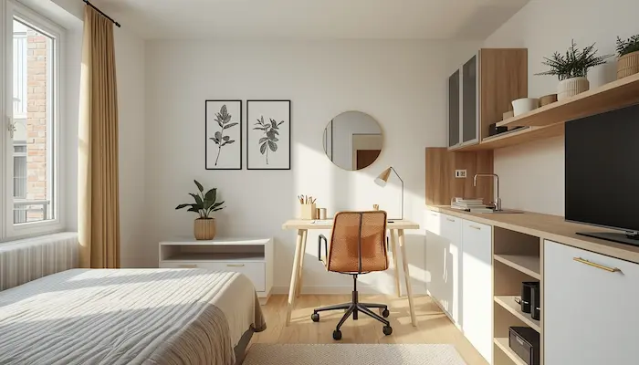 Intérieur d’un studio étudiant moderne et lumineux à Angers avec bureau, lit et kitchenette.