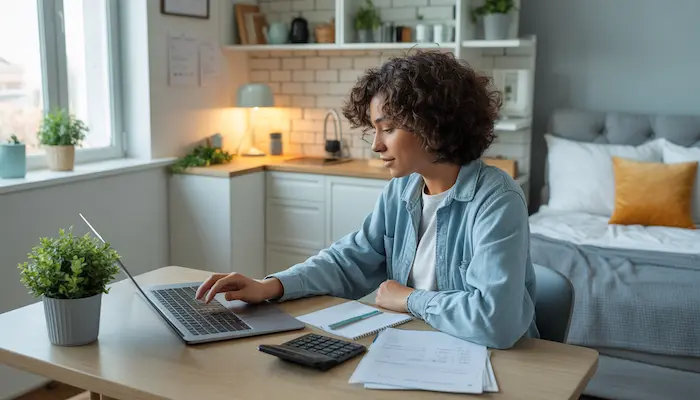 Étudiant dans un studio moderne consultant son budget logement et ses aides ALS en 2026.