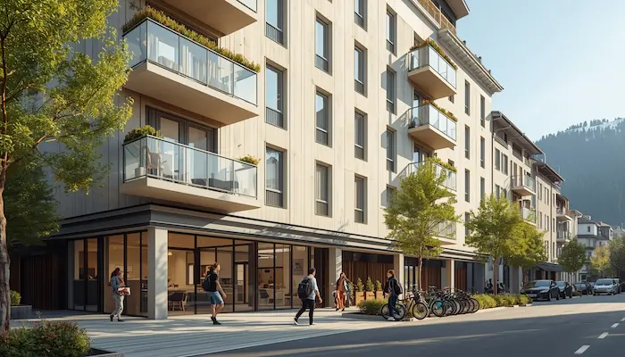 Façade extérieure d’une résidence étudiante moderne à Chambéry, avec étudiants, vélos et montagnes en arrière-plan.