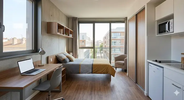 Intérieur lumineux d'un studio étudiant moderne et bien aménagé à Lyon 7ème en 2026, avec un bureau, un lit fait et une kitchenette, vue depuis la fenêtre sur la ville.