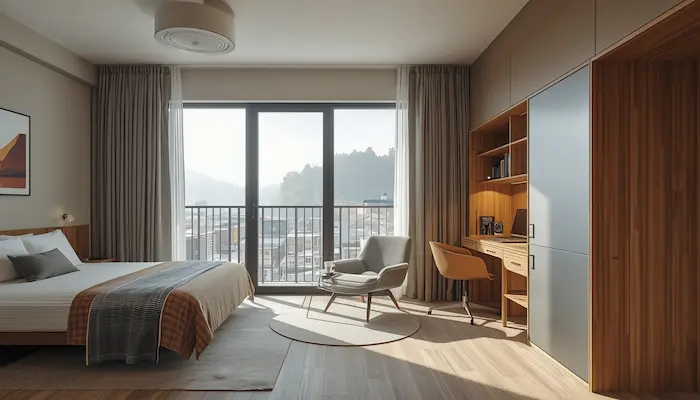 Studio étudiant moderne et lumineux dans une résidence étudiante à Grenoble, avec bureau, kitchenette et mobilier fonctionnel.