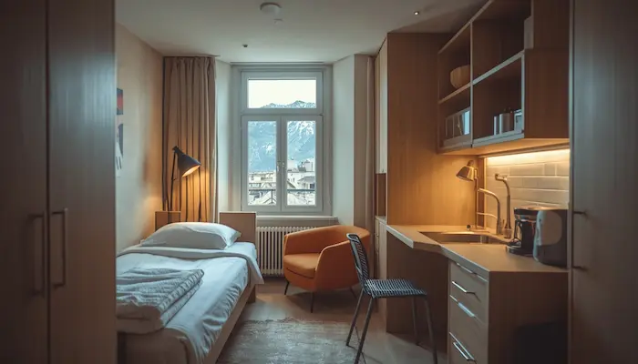Chambre étudiante moderne à Grenoble avec vue sur les montagnes, bureau, lit et kitchenette dans un petit logement fonctionnel.