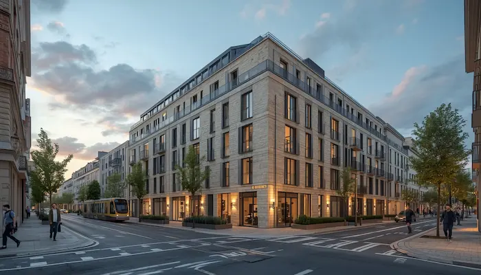 Vue extérieure réaliste d’une résidence étudiante à Bordeaux avec architecture urbaine, tramway, vélo et façades typiques de la ville