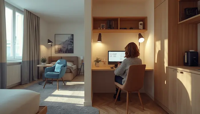 Jeune étudiant dans un studio meublé à [Ville] avec simulation APL, ordinateur portable et documents CAF