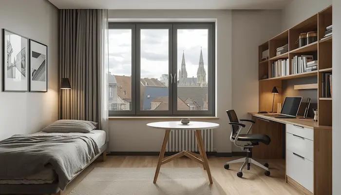 Intérieur d’un studio étudiant meublé à Angers avec bureau, kitchenette équipée, lit simple et grande fenêtre offrant une vue sur les toits de la ville et la cathédrale Saint-Maurice.