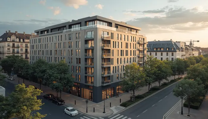 Vue extérieure d’un quartier étudiant à Strasbourg avec immeubles résidentiels, vélos et ambiance urbaine agréable.