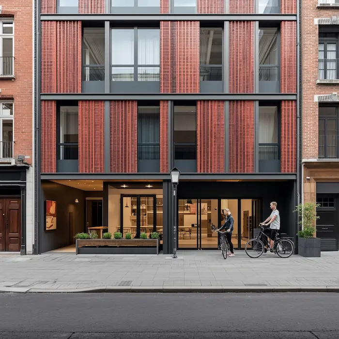 Extérieur réaliste d’une résidence étudiante à Roubaix avec façade contemporaine, briques du Nord, vélos, étudiants sur le trottoir et ambiance urbaine proche du centre-ville.
