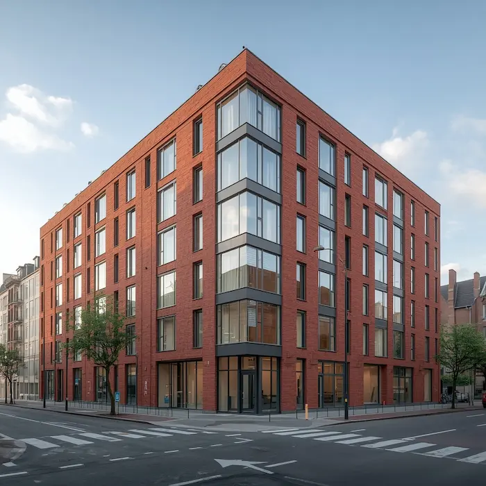 Façade d’une résidence étudiante moderne à Roubaix, entourée de bâtiments en briques rouges et située dans un quartier urbain typique du Nord.