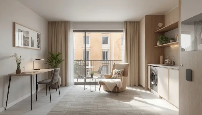 Intérieur d’un studio étudiant meublé à Nîmes, lumineux, moderne et fonctionnel, avec ambiance méditerranéenne.