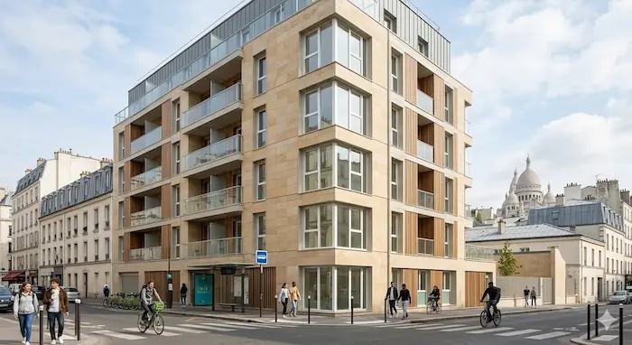 Une vue extérieure contemporaine et ensoleillée capturant la façade d'un grand complexe résidentiel moderne conçu comme foyer de jeunes travailleurs (FJT) à Paris, 18ème arrondissement, en 2026