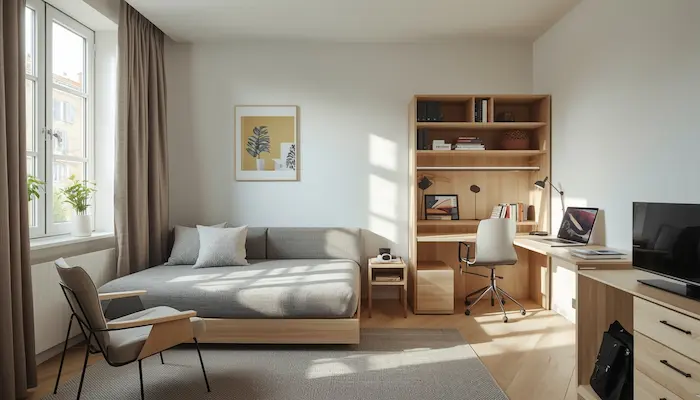 Intérieur d’un studio étudiant moderne à Lille, lumineux et bien aménagé pour la location étudiante en 2026