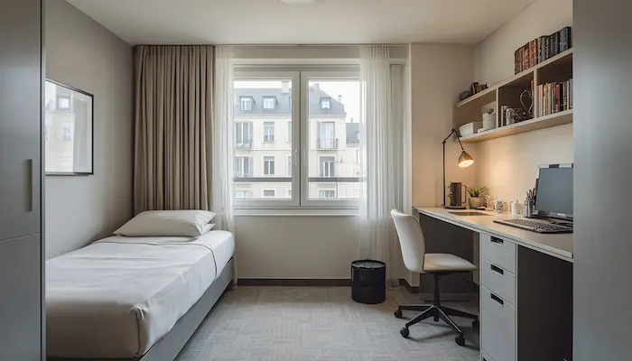 Intérieur réaliste d’un studio étudiant moderne avec bureau, lit et lumière naturelle, adapté à un alternant en ville française.