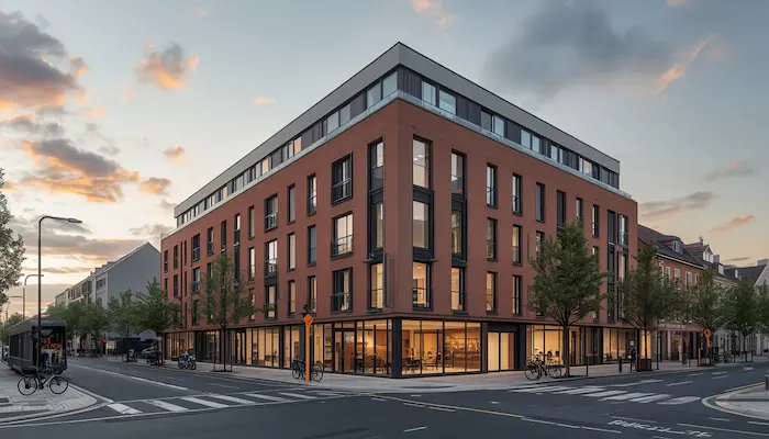 Extérieur d’une résidence étudiante à Roubaix avec façade en briques, grandes fenêtres et ambiance urbaine du Nord.