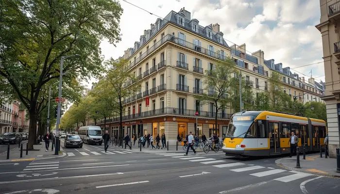 Quartier étudiant à Lyon avec résidence, tramway et étudiants dans une ambiance urbaine réaliste.
