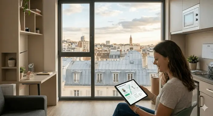 arah (blonde, souriante, même personnage cohérent), confortablement installée dans son studio meublé contemporain à Lyon en 2026.