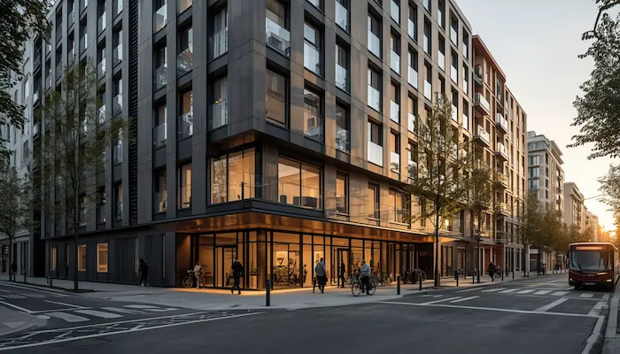 Façade extérieure d’une résidence étudiante à Lyon, dans un quartier urbain vivant, proche des transports TCL et de l’environnement universitaire.