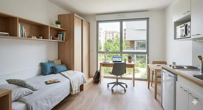 Intérieur d'un studio étudiant meublé et lumineux dans une résidence CROUS à Lyon 7ème, montrant le coin bureau et le lit en 2026.