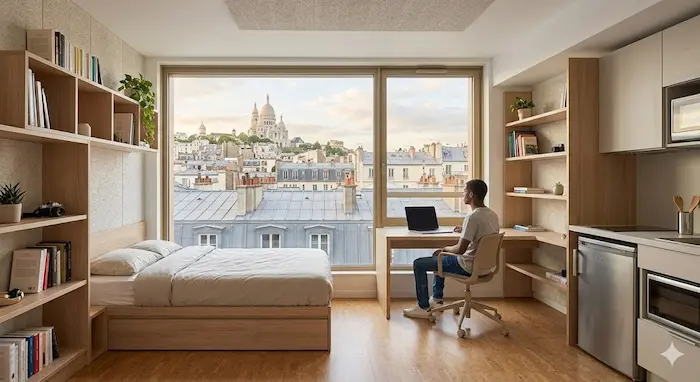 Une vue intérieure d'un studio étudiant moderne, optimisé et lumineux au sein d'une résidence CROUS à Paris 18e (Montmartre).